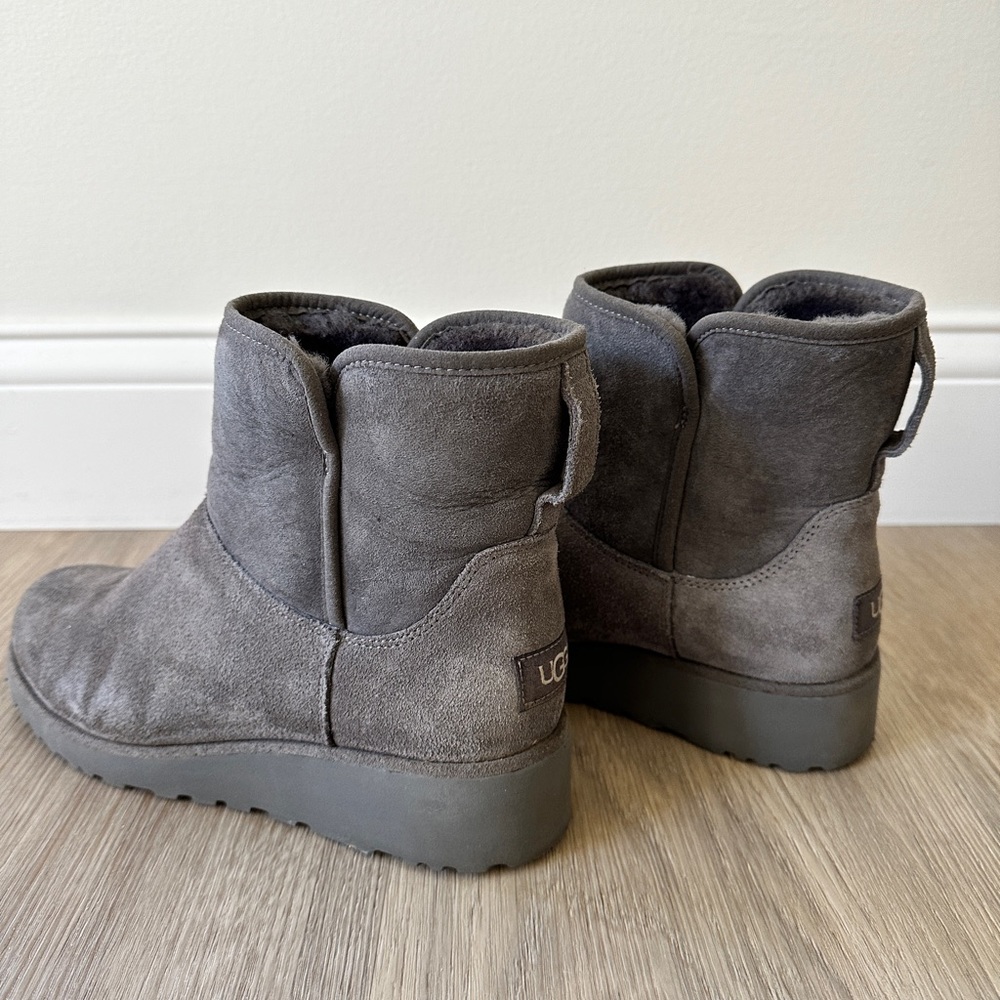 UGG gray suede mid rise winter boots | wedge heel | shearling lined | size 8
